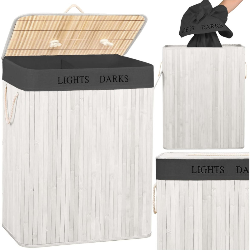 Springos Bambusest pesukorv kaanega Springos HA7505 105 l, kahe sektsiooniga, valge, hall