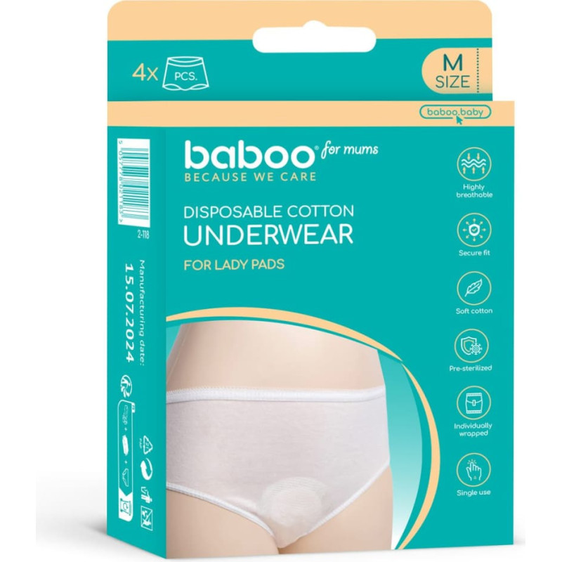 Baboo Disposable Cotton Underwear, Size M, 4 pcs