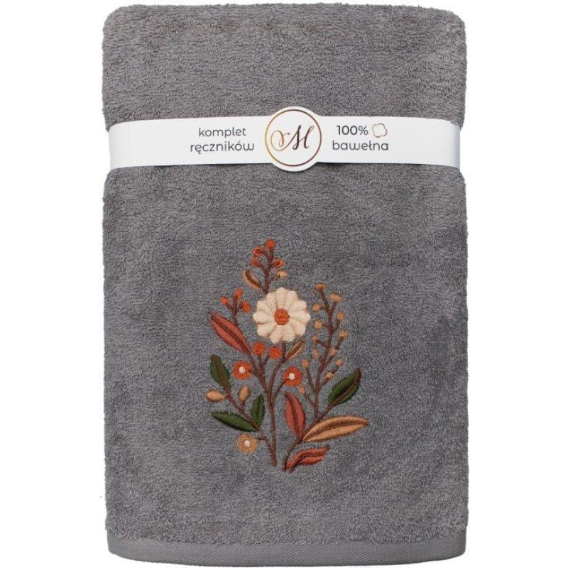 RĘCZNIK KPL.MARIBELLA 3 SZT./30X50/50X100/70X140/ FROTTE HAFT 001 KWIATKI CIEMNY SZARY