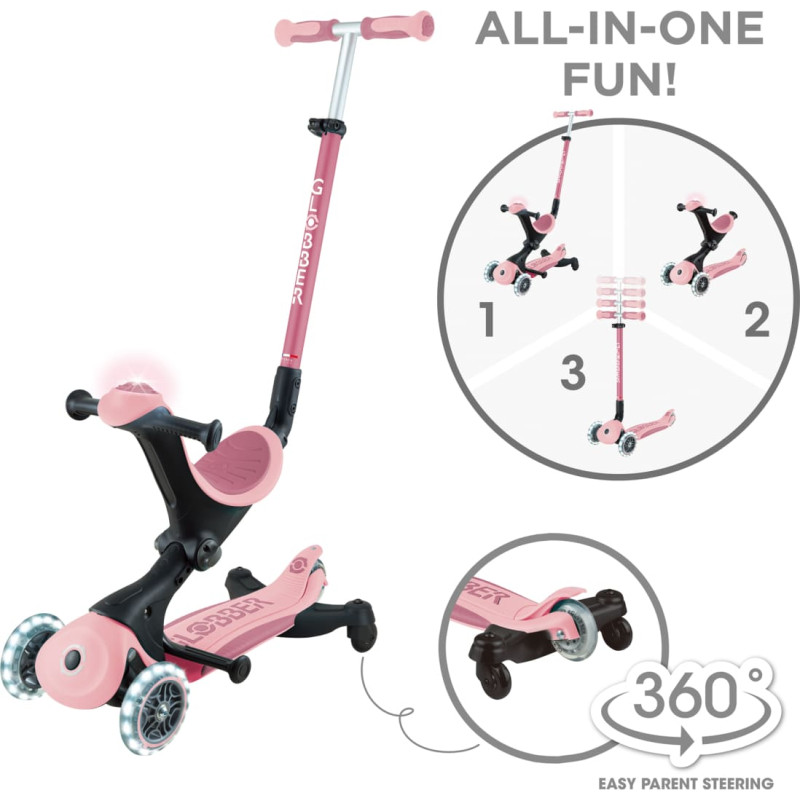 Globber skrejritenis Go Up Deluxe Lights 360&deg;, pasteļrozā, 699-310