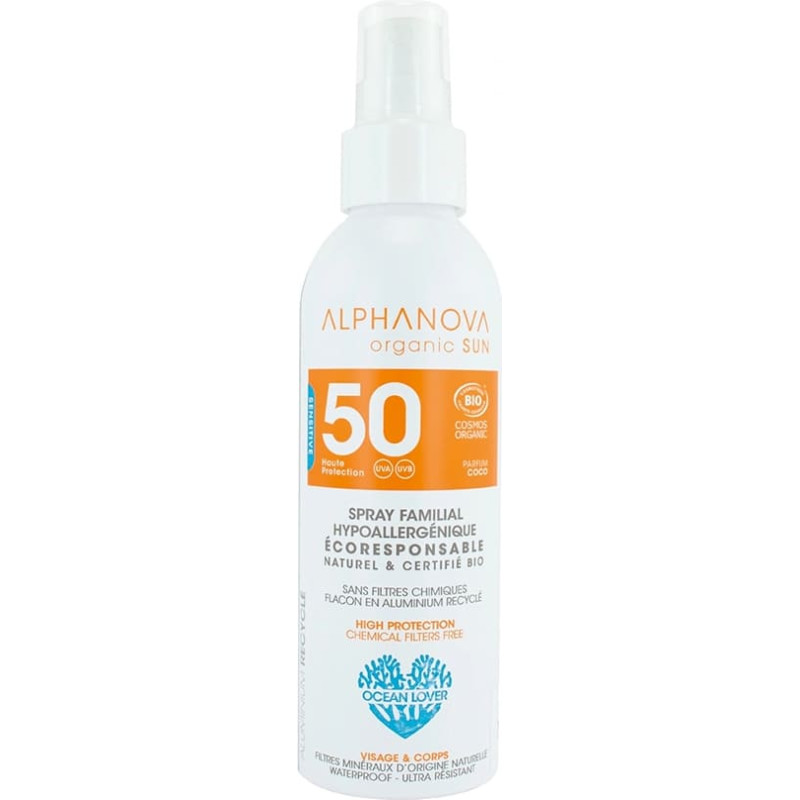 Alphanova Sun SPF50 Spray &ndash; Organic Water-Resistant Mineral Sunscreen for the Whole Family with Coconut Scent, 150 ml