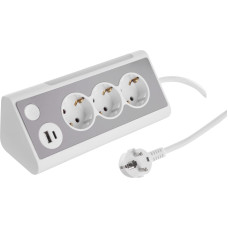 Mājsaimniecības pagarinātājs ar zemējumu, 3 x 1,5 mm, 1,5 m, USB A/C, 3 kontaktligzdas, balts/pelēks