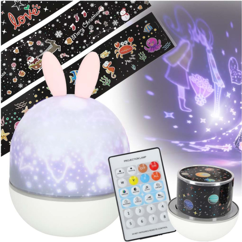 LED zvaigžņu projektora nakts gaisma USB grozāms 6 motīvi tālvadības pults trusis