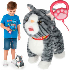 Interaktīvs kaķis uz pavadas minkas staigā aste vicina pelēku asti