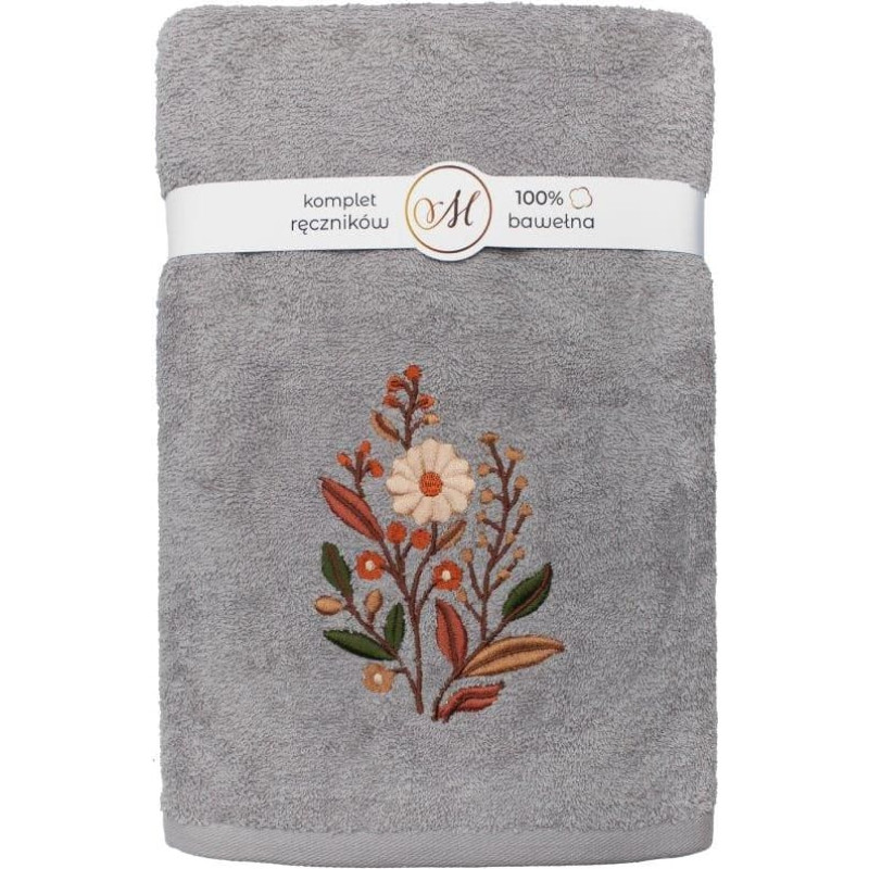 RĘCZNIK KPL.MARIBELLA 3 SZT./30X50/50X100/70X140/ FROTTE HAFT 001 KWIATKI JASNY SZARY