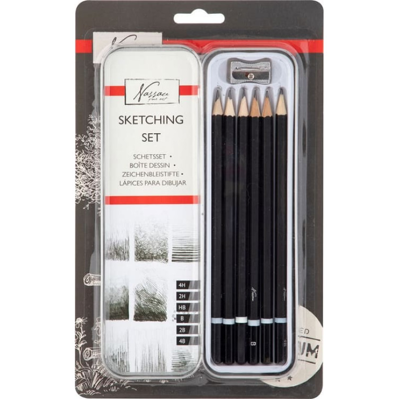 Nassau harilikud pliiatsid metallkarbis koos teritajaga 6 tk