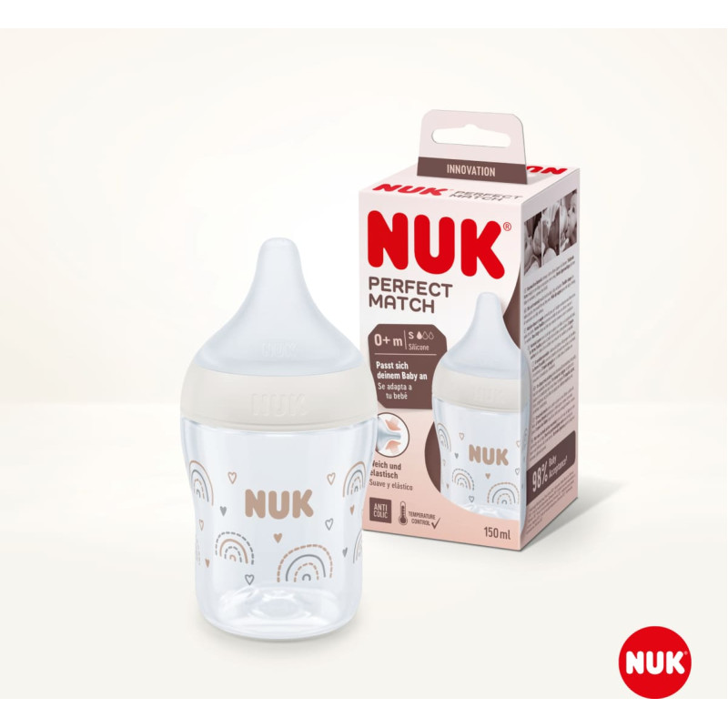 NUK 10215015 – Perfect Match pudel temperatuuri kontrolliga, silikoonist „Vikerkaar“, S-suuruses lutt, 150 ml