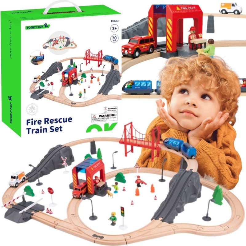 Tooky Toy Drewniana Kolejka Elektryczna Straż Pożarna Efekty Dźwiękowe 70 el. FSC