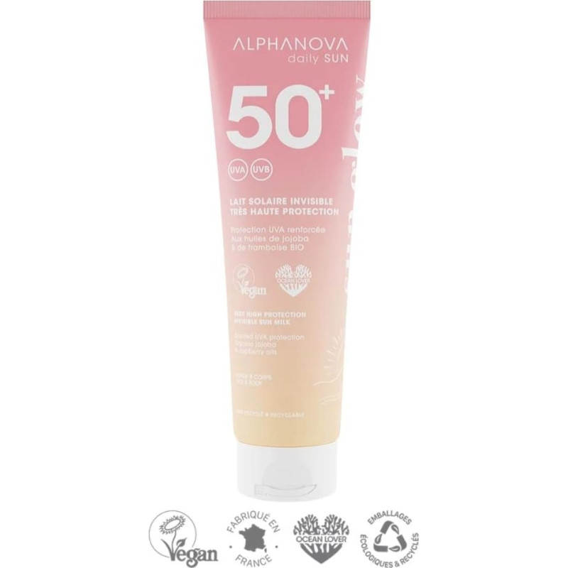 Alphanova Sun DAILY SPF50 Water-Resistant Sunscreen with Raspberry Seed Oil and Jojoba Oil, Mono&iuml; Fragrance, 150 ml