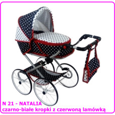 Minikid Wózek dla lalek głęboko-spacerowy NATALIA RETRO N21 czarno-biały kropki z czerwoną lamówką