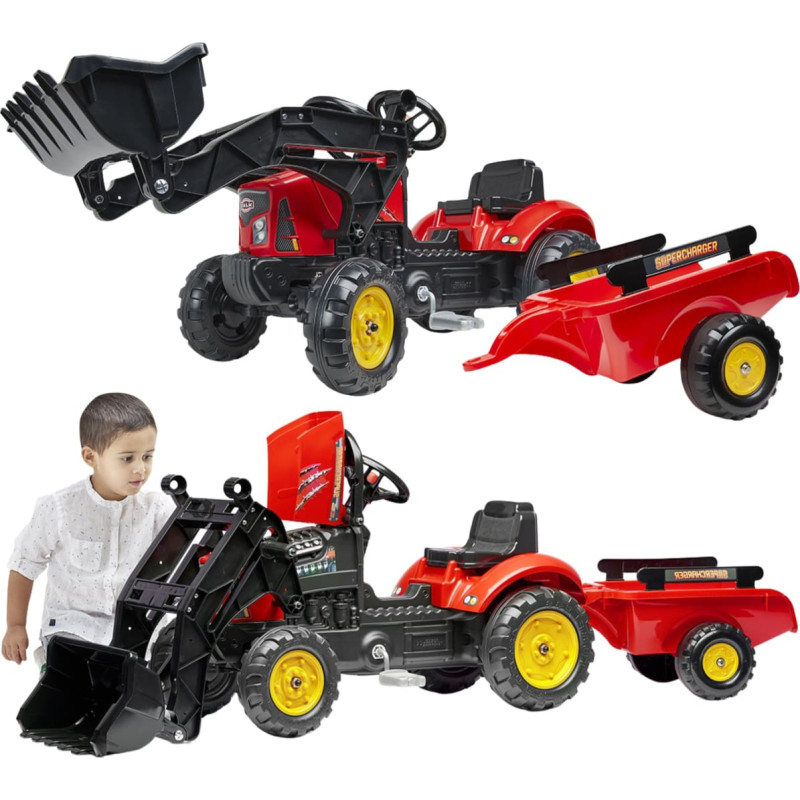 Falk Supercharger punane traktor avatava kapotiga, haagise ja kopaga, alates 2. eluaastast