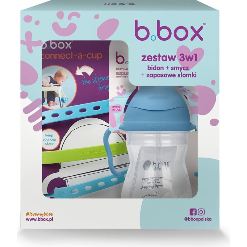 B.box 63006 Zestaw na start 3w1-bidon ze słomką 240ml bor&oacute;wkowy+smycz Ocean Breeze+zapasowe słomki