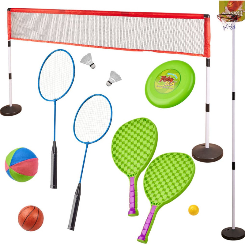 Spordikomplekt 5-ühes: sulgpall, korvpall, võrkpall, tennis, frisbee