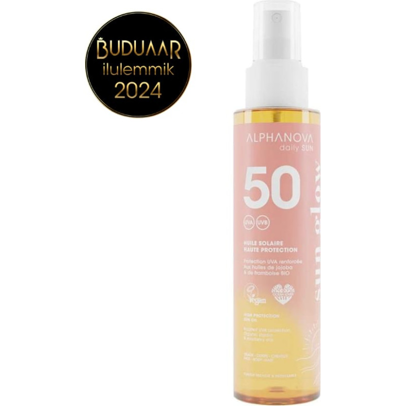 Alphanova Sun DAILY SPF50 Water-Resistant Sunscreen Spray Oil with Raspberry Seed Oil and Jojoba Oil, Mono&iuml; Fragrance, 125 ml