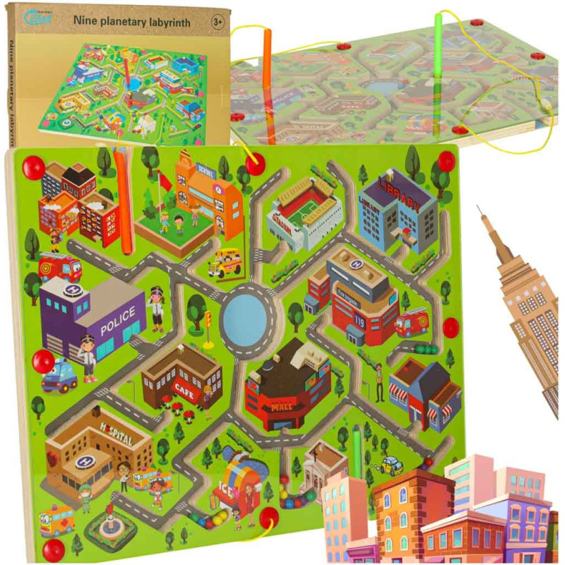 Magnetiline puidust lauamängu labürint – mäng Reis suurde linna kahele mängijale