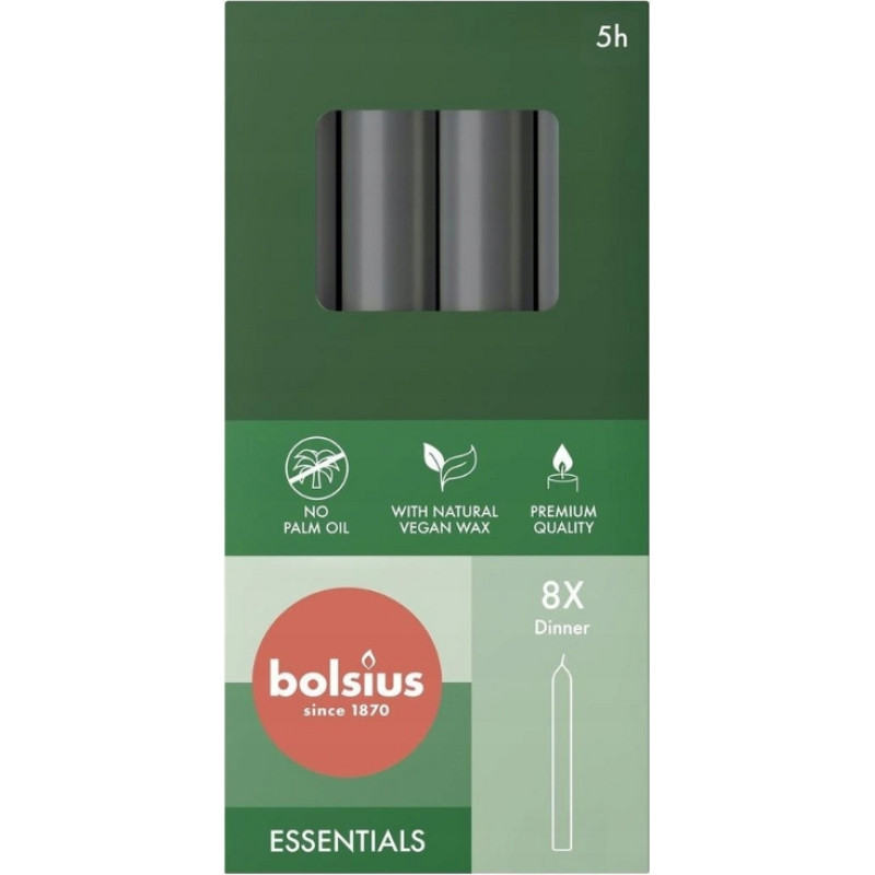 Bolsius Galda sveces 8gab.kastē 170/20mm pelēkas
