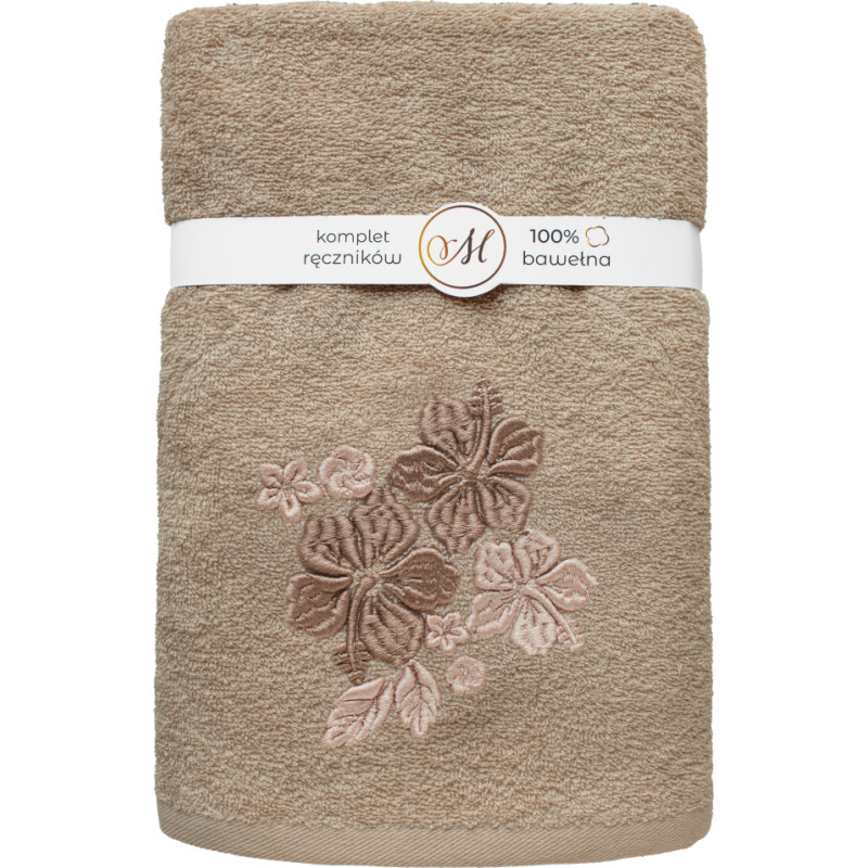RĘCZNIK KPL.MARIBELLA 3 SZT./30X50/50X100/70X140/ FROTTE HAFT 004 HIBISKUS JASNY BEŻ