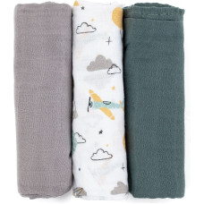 Petite&Mars 415361 Zestaw pieluszek z muślinu bambusowego 3 szt 68x68 cm Grey Planes