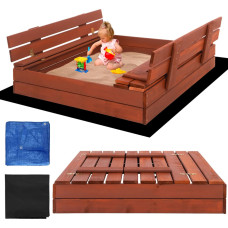 Springos Kaetav liivakast pinkidega Springos SBP100SET04 100×100 cm immutatud puidust, geotekstiiliga ja plaaniga, pruun