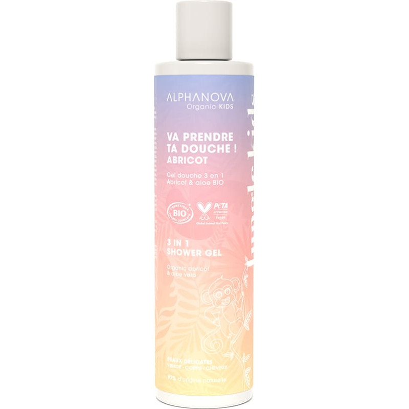 Alphanova KIDS organic moisturizing shampoo and shower gel for children with almond oil and chamomile extract, peach fragrance, 250 ml