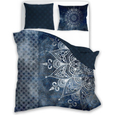 BEDDING SET 140X200+70X90 PURE SATEEN MANDALA 001 NAVY BLUE SATIN COTTON.