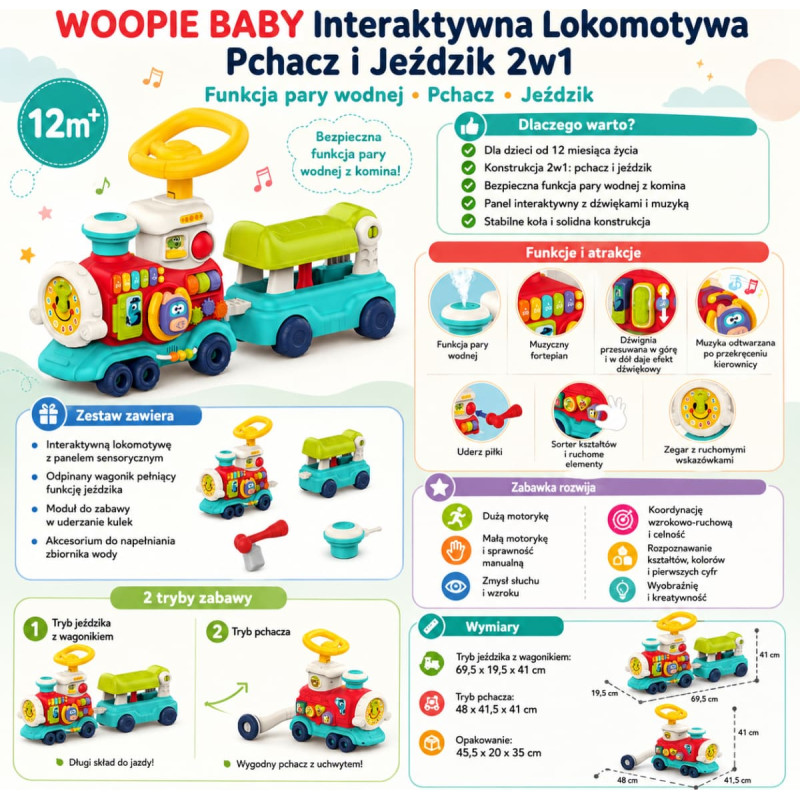 Woopie BABY Locomotive Pusher Ride-on 2-in-1 Interactive Train