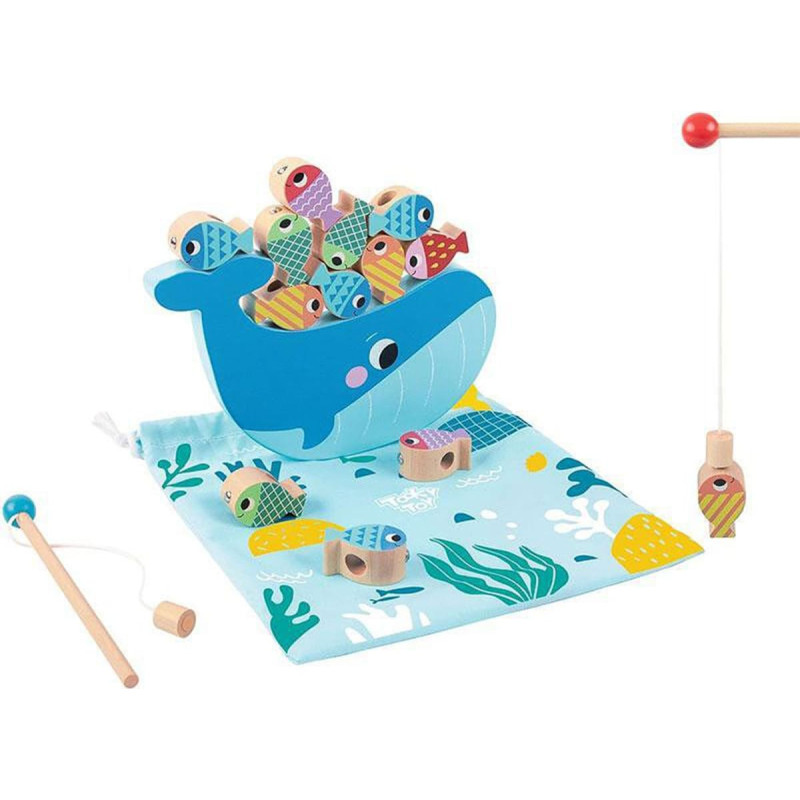 Tooky Toy Drewniana Gra Wieloryb i Rybki Wielofunkcyjna 4 w 1