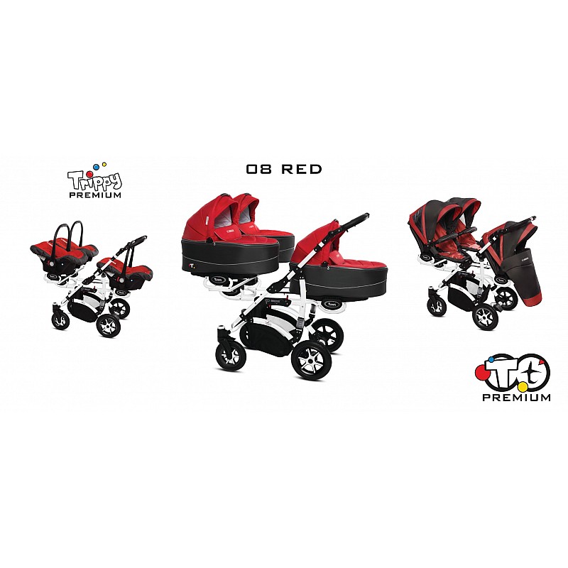 BABYACTIVE TRIPPY Premium  kolmikute vanker-jalutuskäru 3in1, 08 RED valge raam