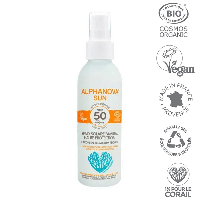 ALPHANOVA SUN orgaaniline kookose lõhnaga veekindel mineraalne päikesekreem kogu perele SPF50, 150 ml ASUN50RE150