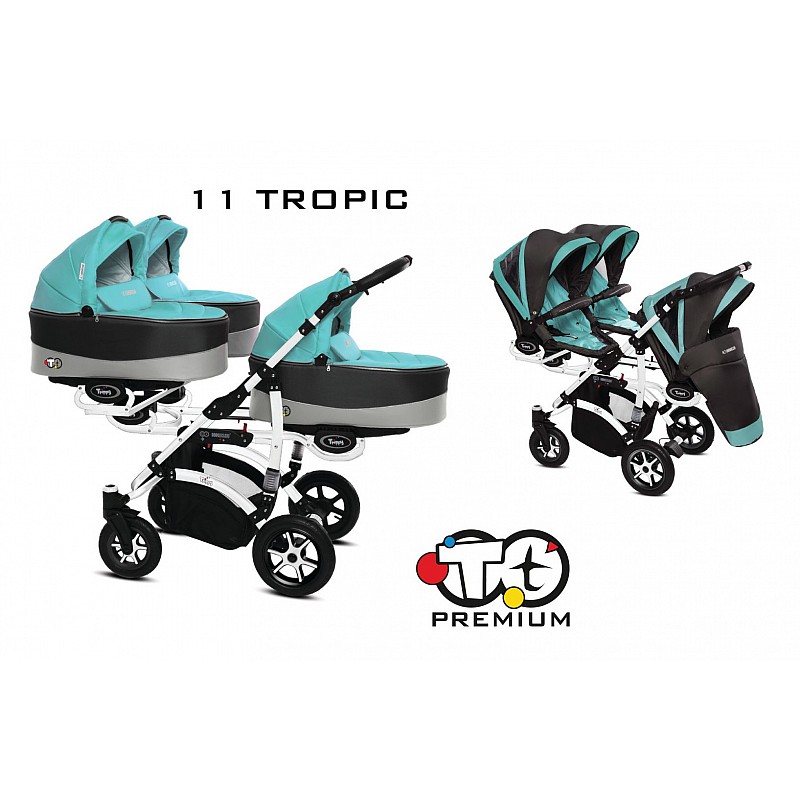 BABYACTIVE TRIPPY Premium kolmikute vanker-jalutuskäru 2in1, 11 TROPIC GREEN valge raam