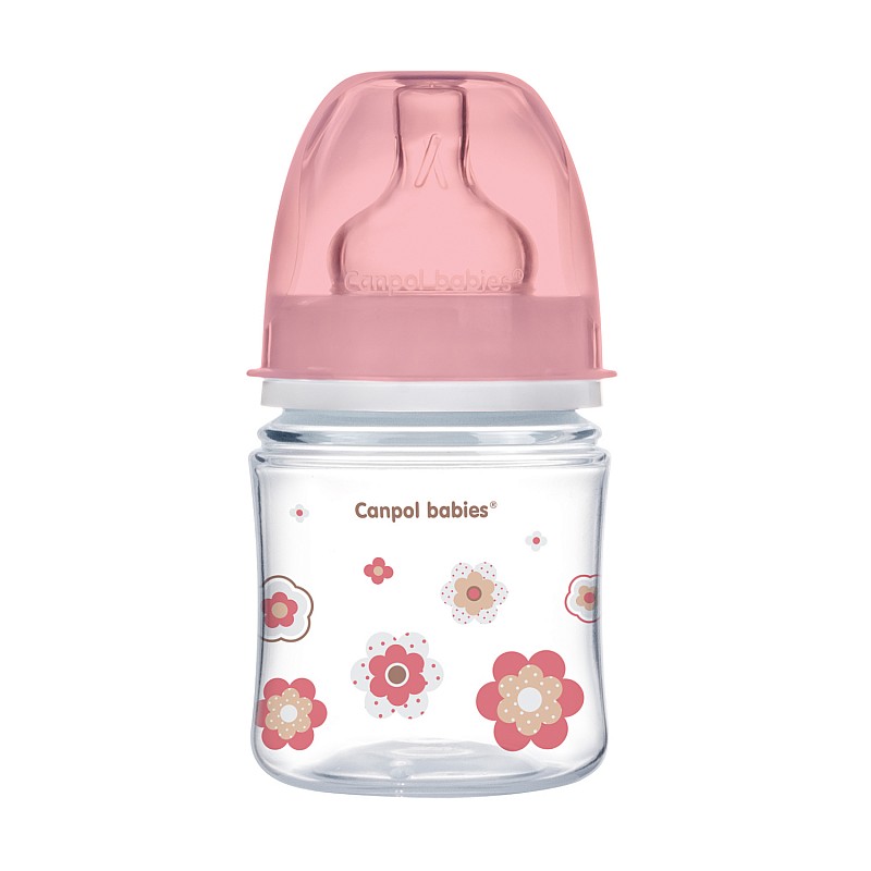 CANPOL BABIES Wide Neck EasyStart Newborn Baby PP lutipudel 120ml laia kaelaga ja silikoonist lutiga 0m+. Pink 35/216 roosa