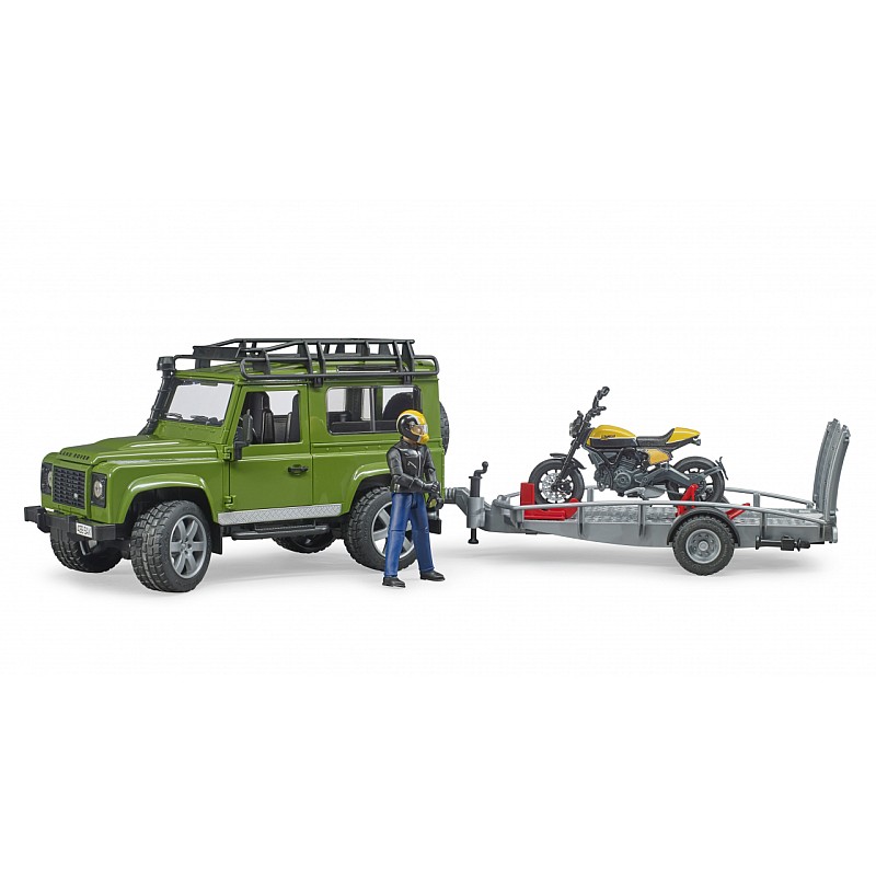 BRUDER Land Rover Defender, haagis Scrambler Ducati täisgaasiga, 02589