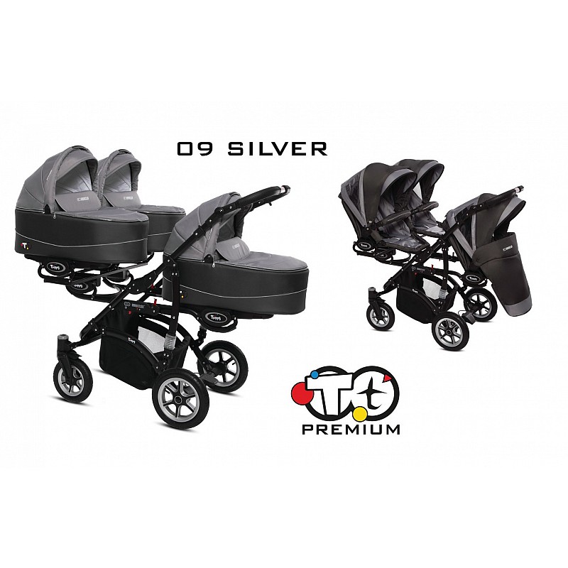 BABYACTIVE TRIPPY Premium kolmikute vanker-jalutuskäru 2in1, 09 SILVER must raam