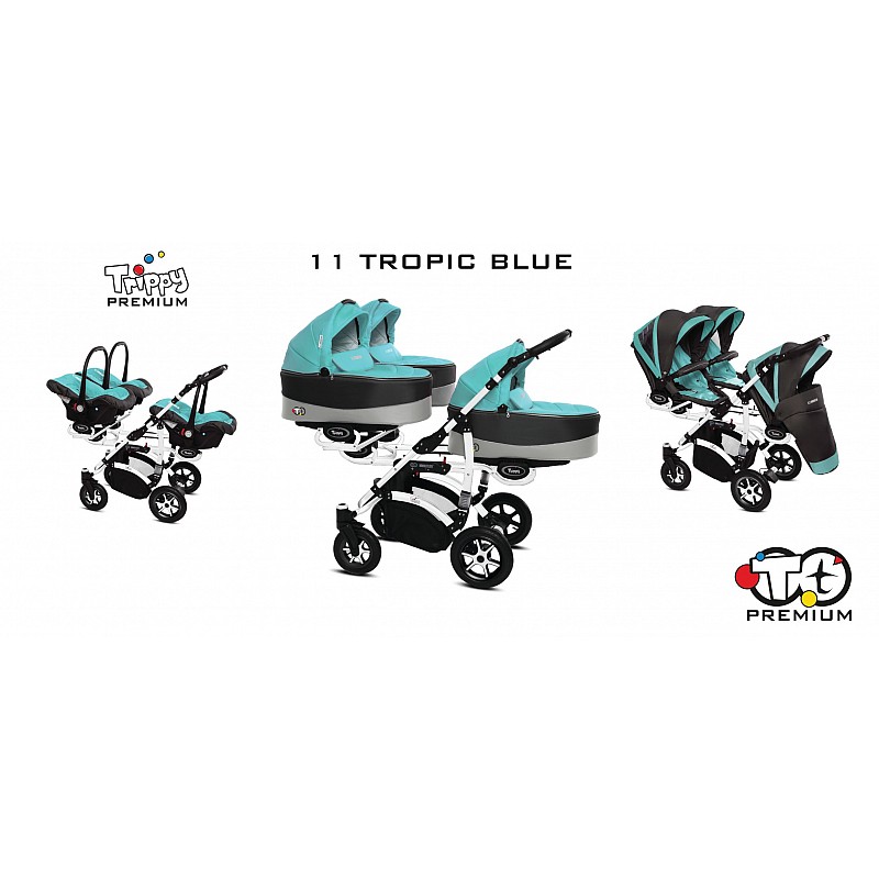 BABYACTIVE TRIPPY Premium  kolmikute vanker-jalutuskäru 3in1, 11 TROPICAL GREEN valge raam