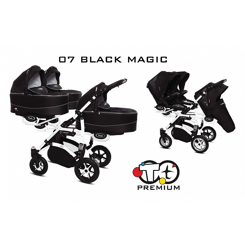 BABYACTIVE TRIPPY Premium kolmikute vanker-jalutuskäru 2in1, 07 BLACK MAGIC valge raam