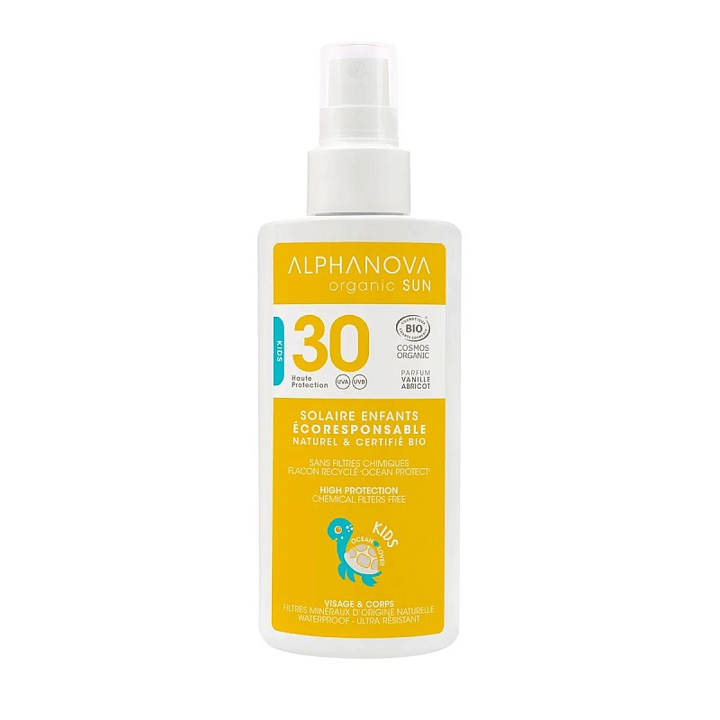 ALPHANOVA SUN orgaaniline vanilje-aprikoosi lõhnaline veekindel mineraalne päikesekreem lastele SPF30, 125 ml ASUN30KB