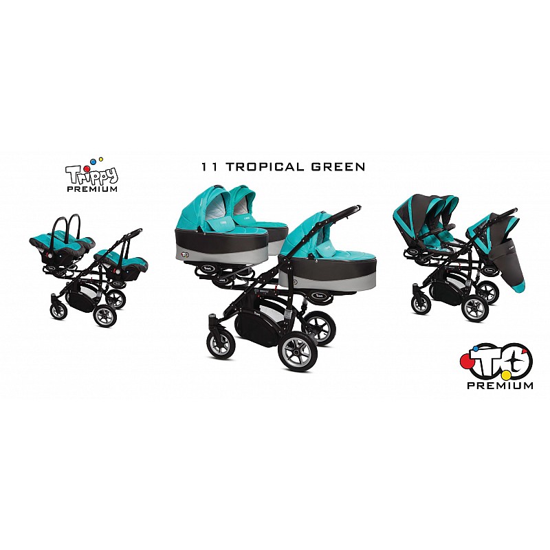 BABYACTIVE TRIPPY Premium  kolmikute vanker-jalutuskäru 3in1, 11 TROPICAL GREEN must raam