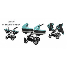 Kaksikute vanker-jalutuskäru BABYACTIVE TWINNI PREMIUM 3in1 TROPIC GREEN, 11 valge raam