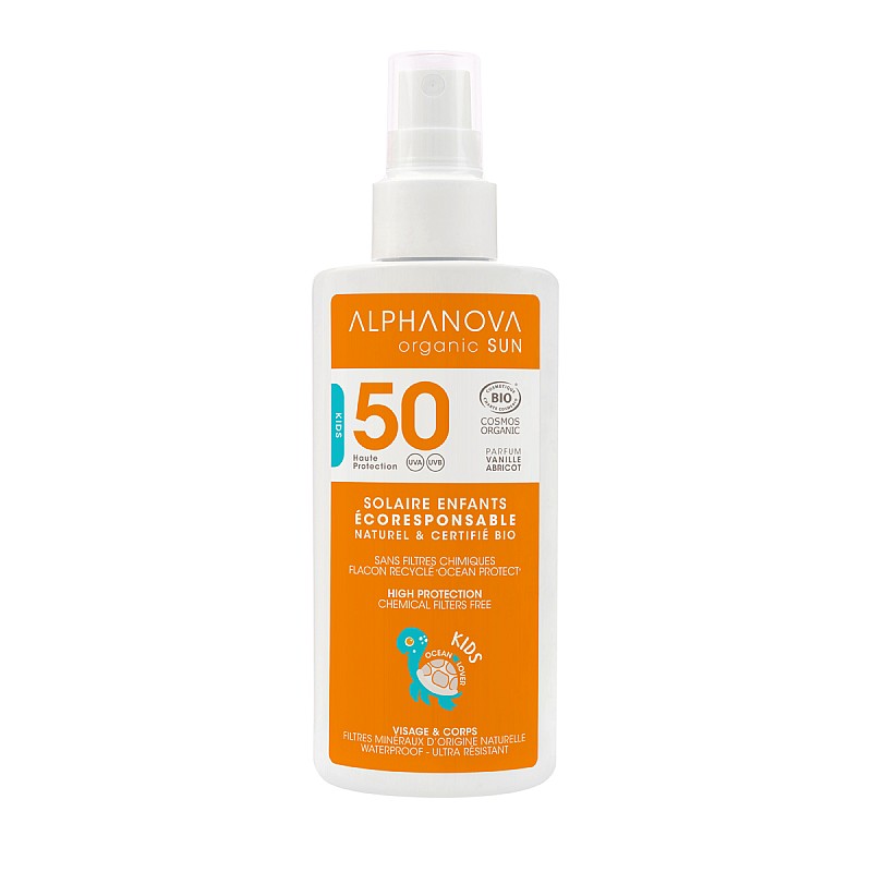 ALPHANOVA SUN orgaaniline vanilje-aprikoosi lõhnaline veekindel mineraalne päikesekreem lastele SPF50, 125 ml ASUN50KEXPORT