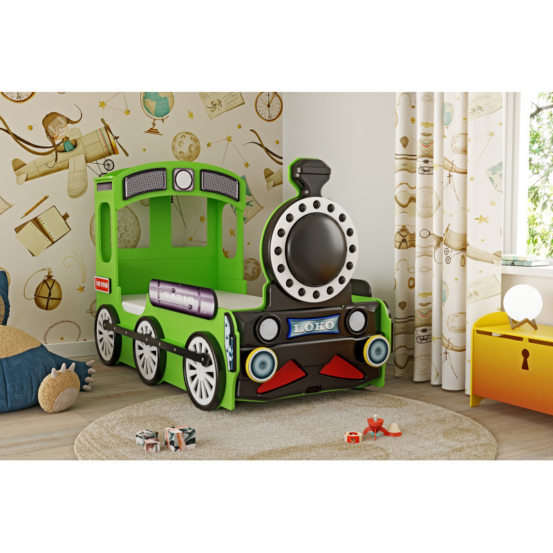 PLASTIKO lastevoodi + madrats komplektis 190x90cm Lokomotive roheline