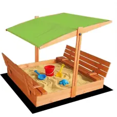 Impregnēta koka smilšu kaste HATIS, 120x120 cm, ar zaļu jumtiņu un 250 kg smilšu